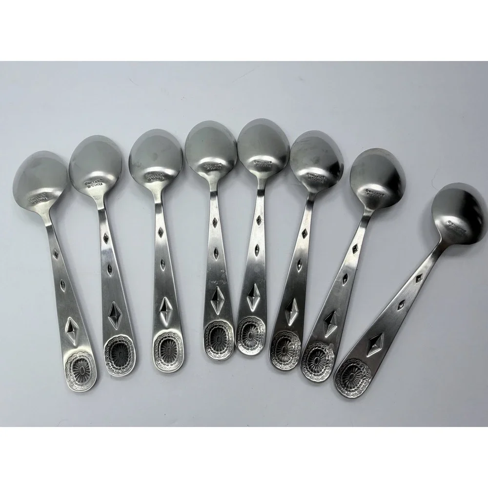 Wallace TAOS Stainless Southwest Motif 8 Oval Soup Spoons 18/0 Flatware